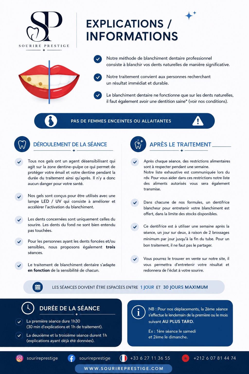 Fiche explications Sourire Prestige — déroulement du blanchiment dentaire