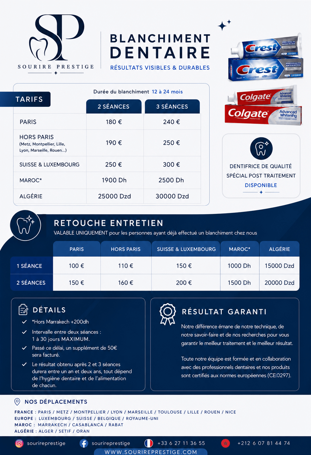 Fiche tarifs Sourire Prestige — blanchiment dentaire par zone